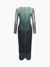 Ombre Green Mesh Long Sleeve Ruched Midi Dress